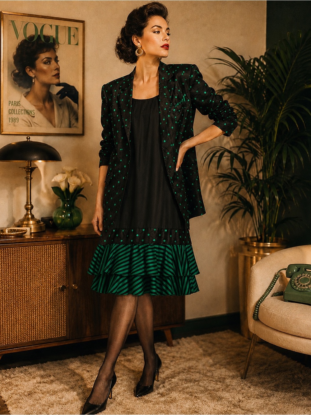 Vintage A.G. Bari Silk Dress & Blazer Set Black Green Polka Dot Women’s 12